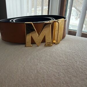 MCM Tan Leather Belt with Gold Buckle